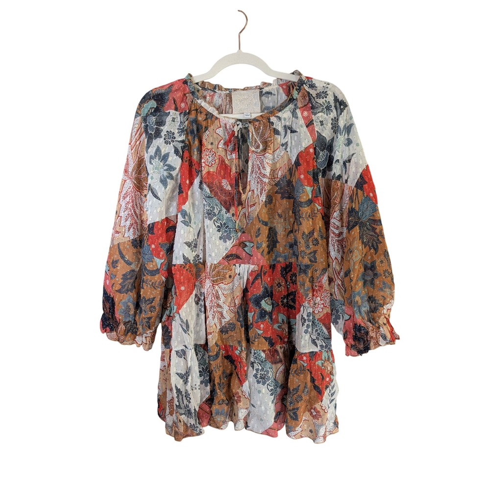 Johnny Was Tiered Top Womens L Floral Chiffon Silk Blend Metallic